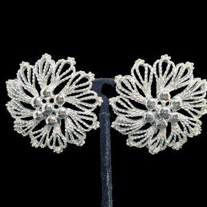 Vintage Emmons Silver Tone Spiral Flower Clip On Earrings (4629)
